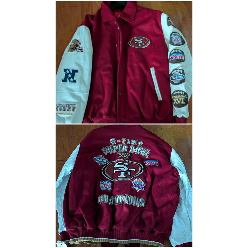 NFL San Francisco 49ers 5-Time Super Bowl Champions Varsity Jacket Red White XL